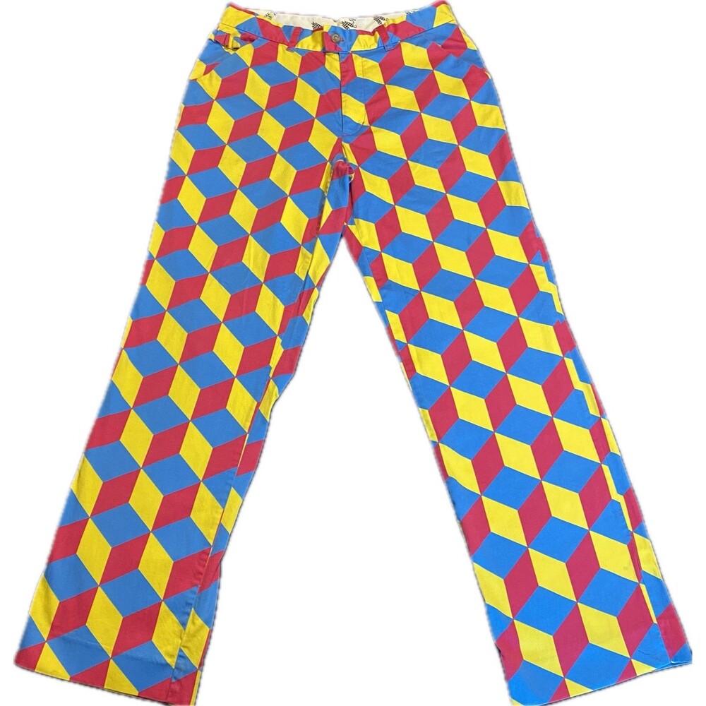 Royal and Awesome Mens Golf Pants 32x32 Cubes Tartan Chino multicolored